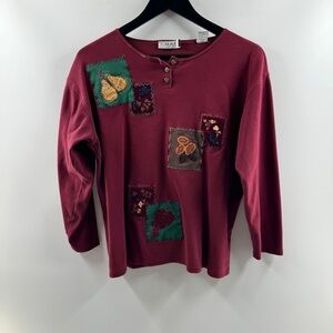 CHAUS Petite Maroon Patchwork Long Sleeve Top Women’s Medium